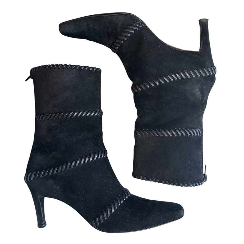 Salvatore Ferragamo Black Suede Whipstitched Boots - Size 6.5